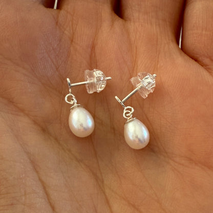 Pearl Stud Earrings, Freshwater Pearl Earrings, Heart Silver Earrings