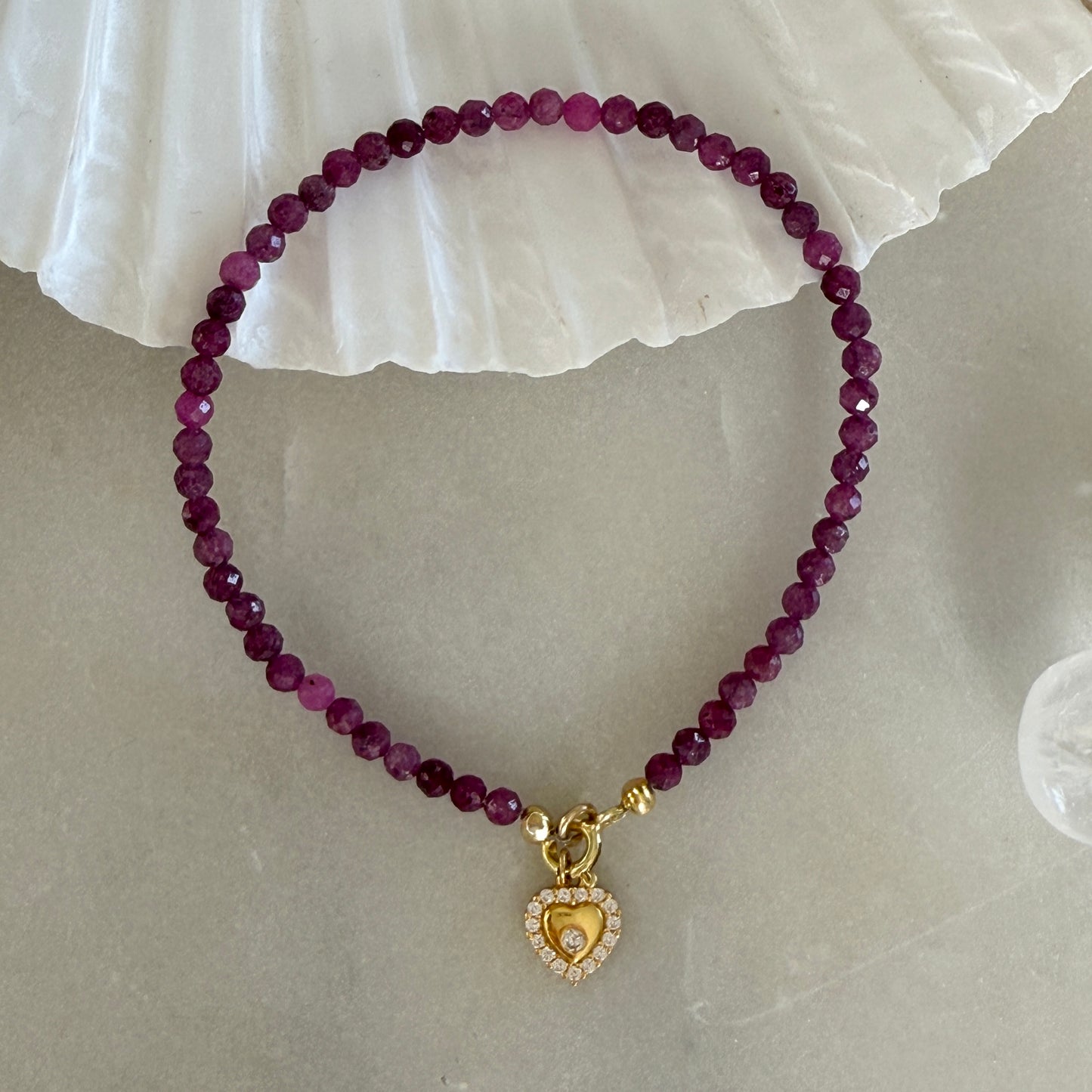 Ruby Heart Charm Gold Bracelet 3mm