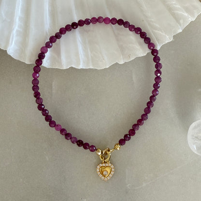 Ruby Heart Charm Gold Bracelet 3mm