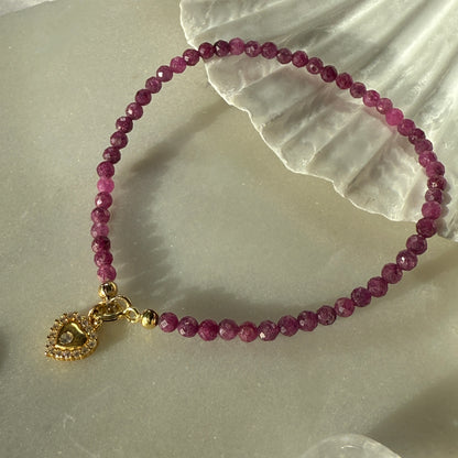 Ruby Heart Charm Gold Bracelet 3mm