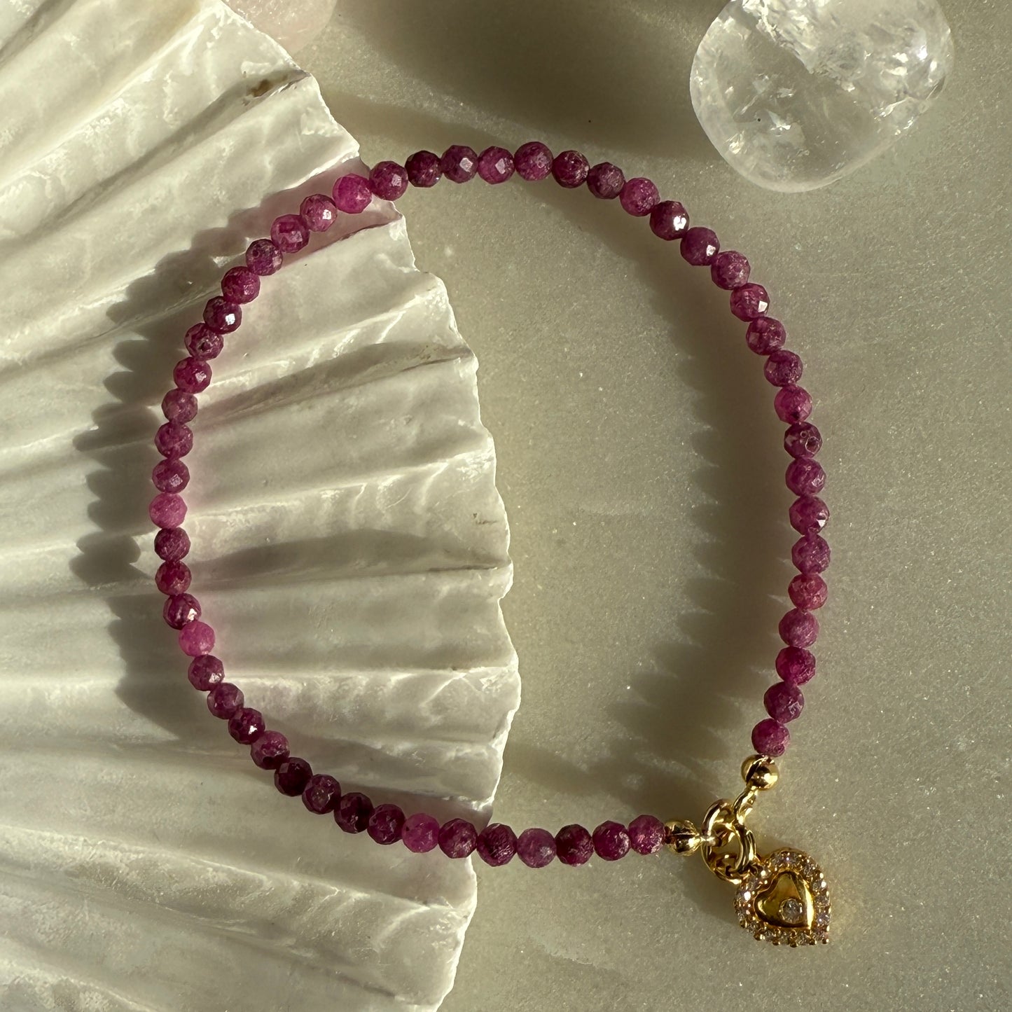 Ruby Heart Charm Gold Bracelet 3mm