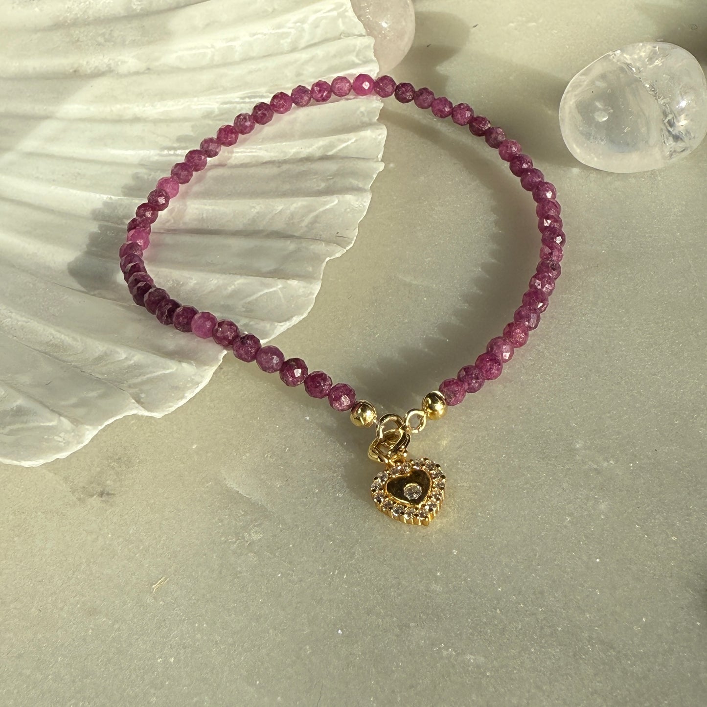 Ruby Heart Charm Gold Bracelet 3mm