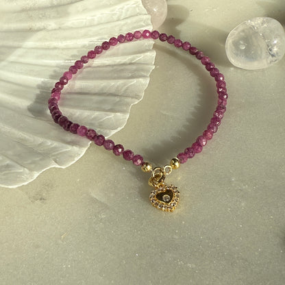 Ruby Heart Charm Gold Bracelet 3mm