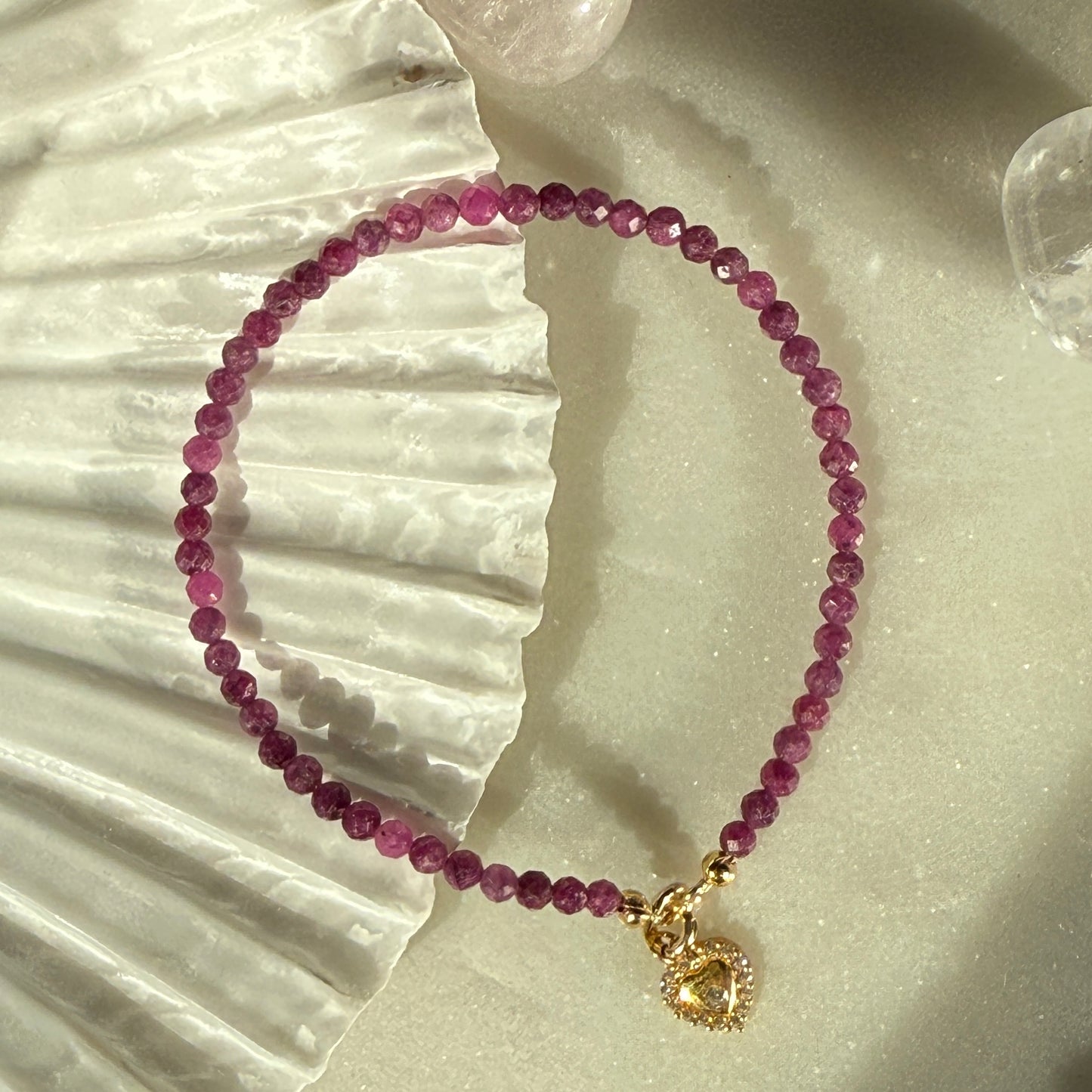 Ruby Heart Charm Gold Bracelet 3mm
