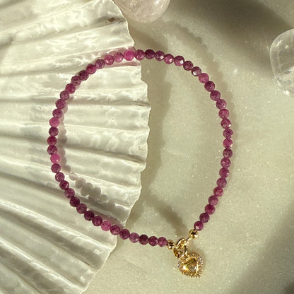 Ruby Heart Charm Gold Bracelet 3mm
