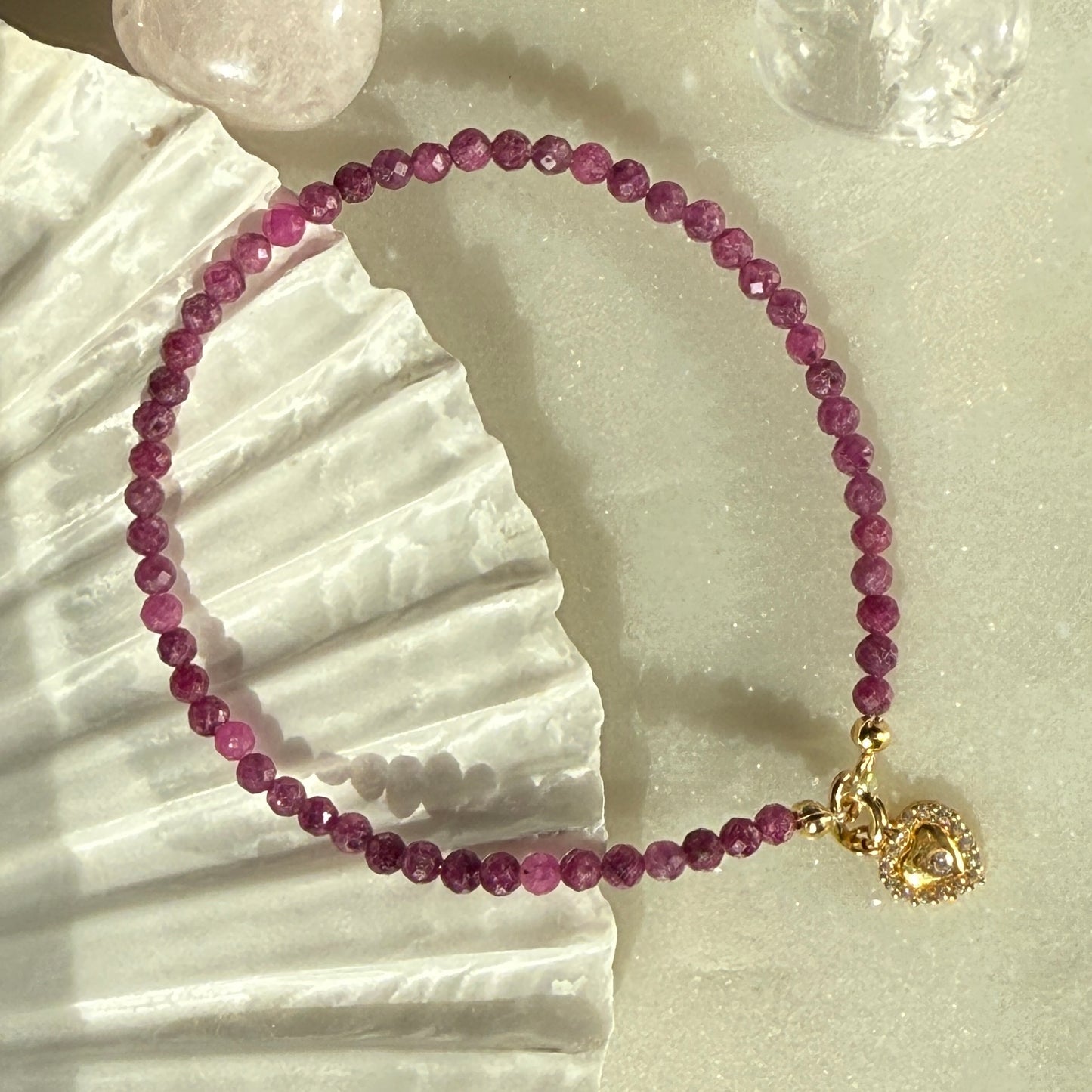 Ruby Heart Charm Gold Bracelet 3mm
