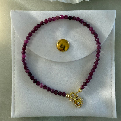 Ruby Heart Charm Gold Bracelet 3mm