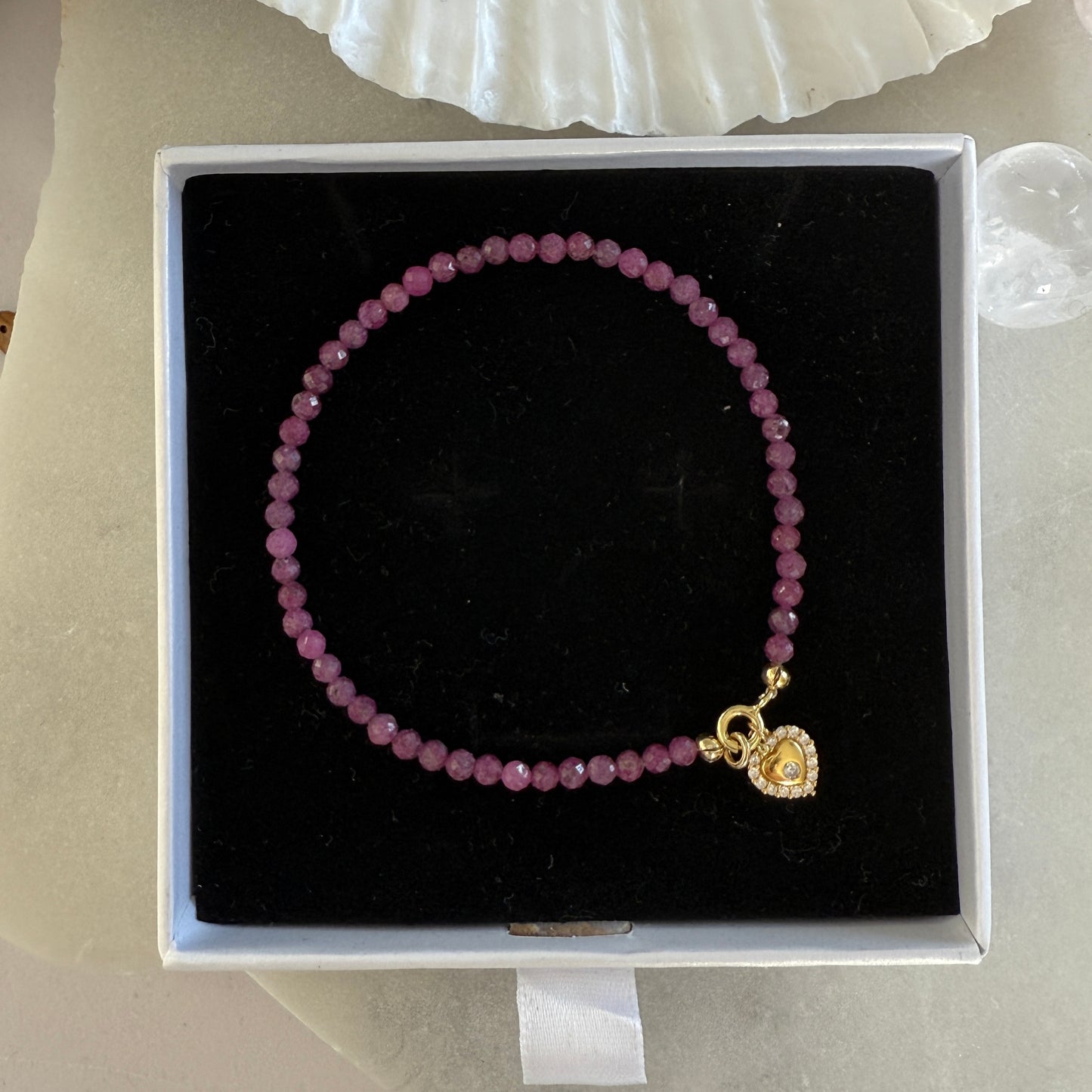 Ruby Heart Charm Gold Bracelet 3mm