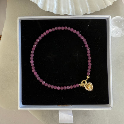 Ruby Heart Charm Gold Bracelet 3mm