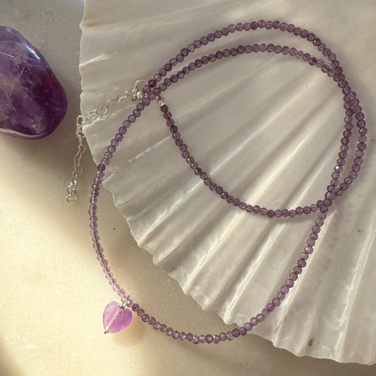 Purple Heart Charm Amethyst Choker Necklace