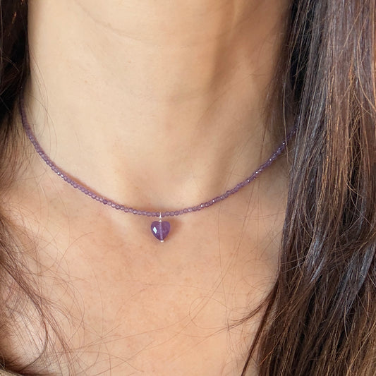 Purple Heart Charm Amethyst Choker Necklace