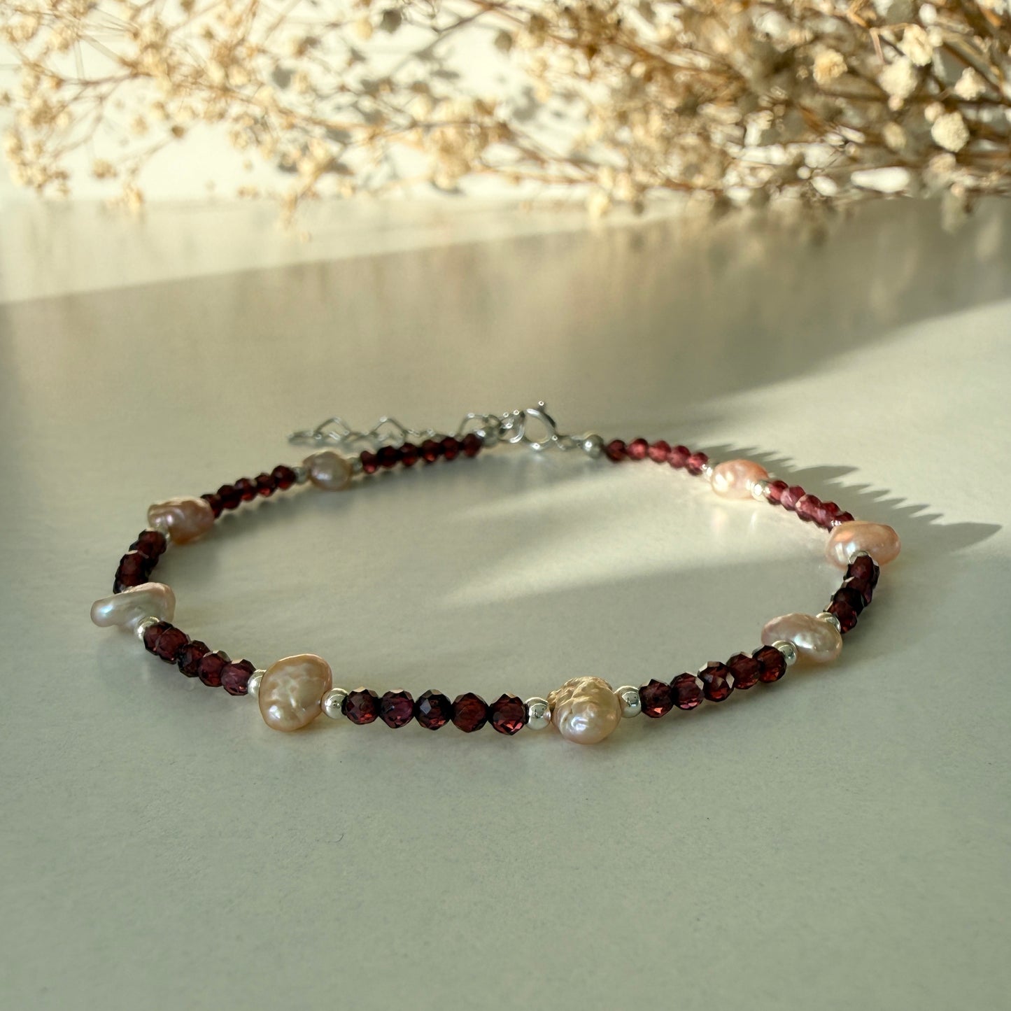 Dainty Garnet Pearl Bracelet, Tiny 2mm Red Beaded January Birthstone Bracelet with Silver Chain, Anniversary Birthday Christmas Gift for Her, Ultra Jewellery