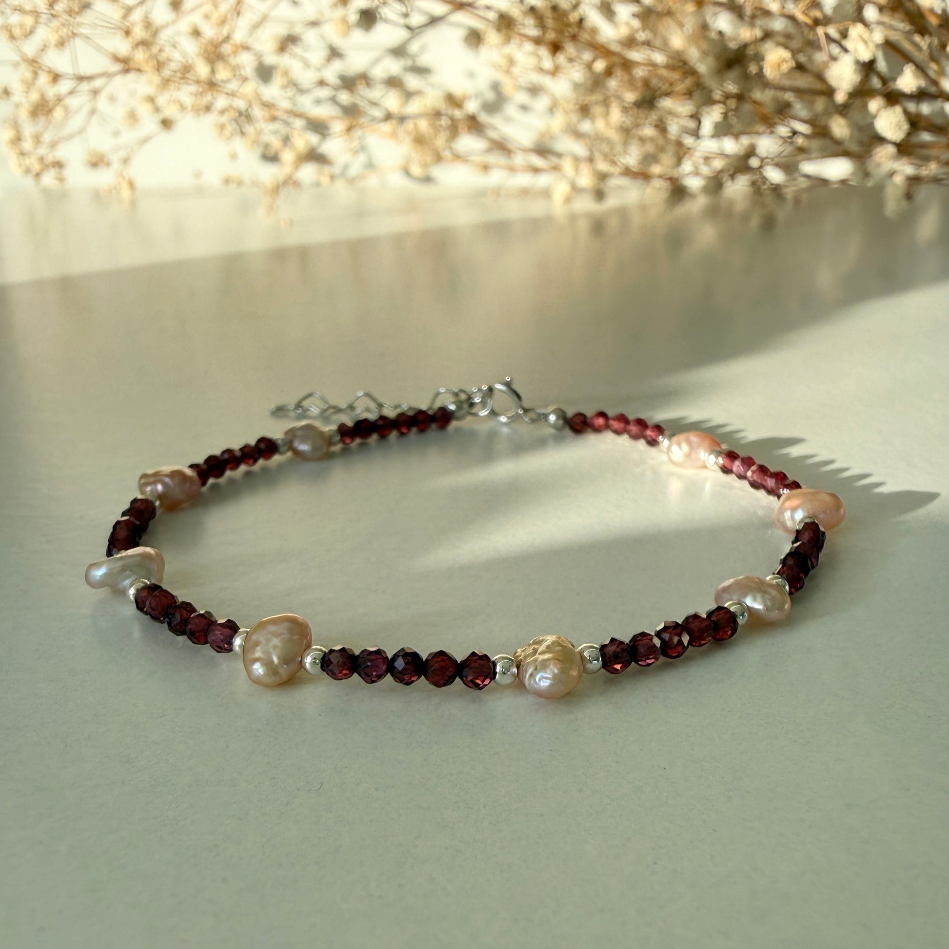 Dainty Garnet Pearl Bracelet, Tiny 2mm Red Beaded January Birthstone Bracelet with Silver Chain, Anniversary Birthday Christmas Gift for Her, Ultra Jewellery