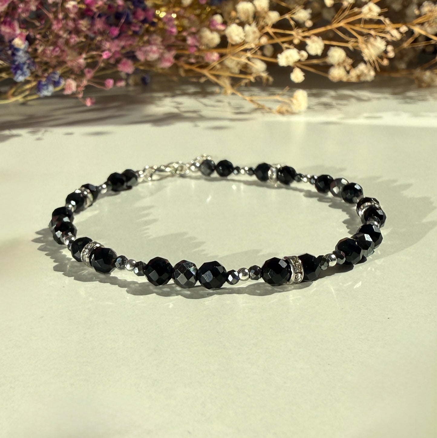 Black Tourmaline Hematite Bracelet, March Birthstone and October Birthstone Silver Bracelet, Anniversary Birthday Christmas Gift For Her, Ultra Jewellery