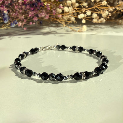 Black Tourmaline Hematite Bracelet, March Birthstone and October Birthstone Silver Bracelet, Anniversary Birthday Christmas Gift For Her, Ultra Jewellery