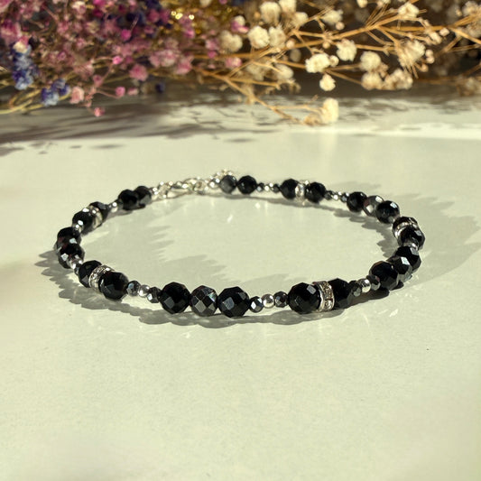 Black Tourmaline Hematite Bracelet, March Birthstone and October Birthstone Silver Bracelet, Anniversary Birthday Christmas Gift For Her, Ultra Jewellery