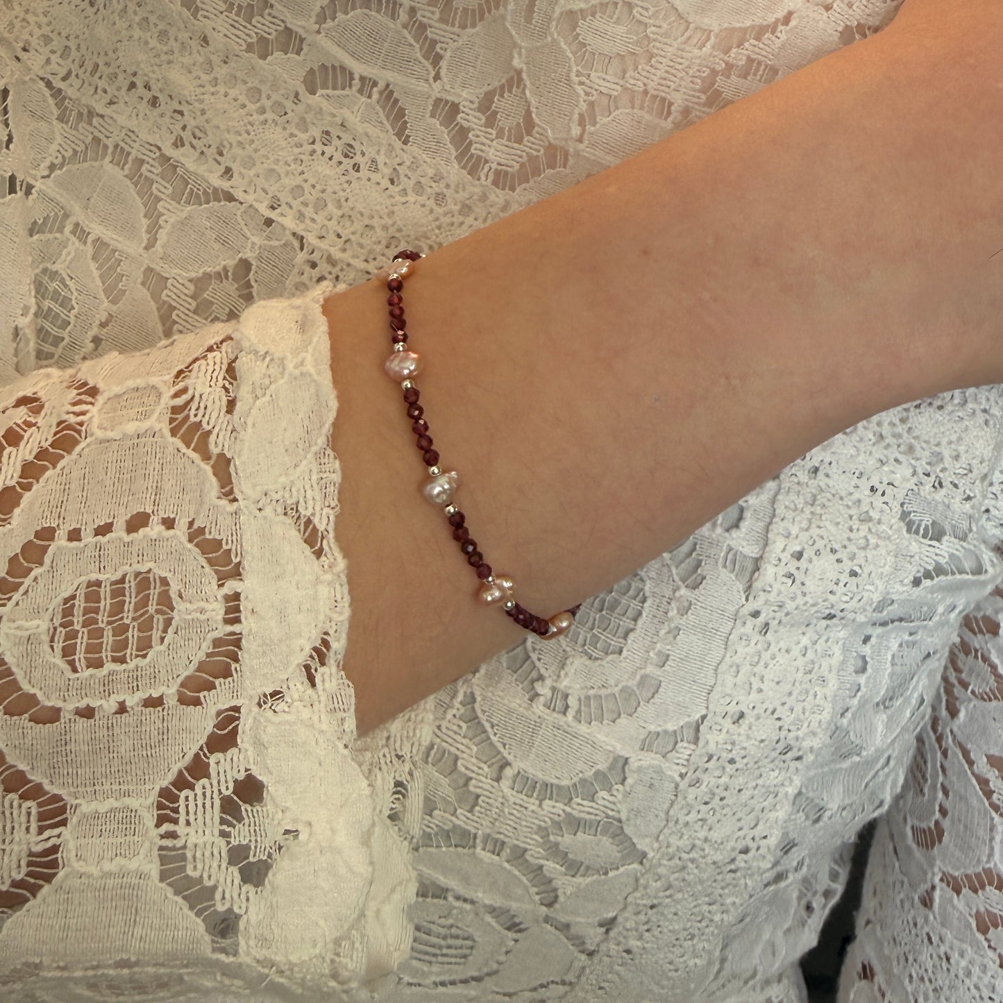 Dainty Garnet Pearl Bracelet, Tiny 2mm Red Beaded January Birthstone Bracelet with Silver Chain, Anniversary Birthday Christmas Gift for Her, Ultra Jewellery