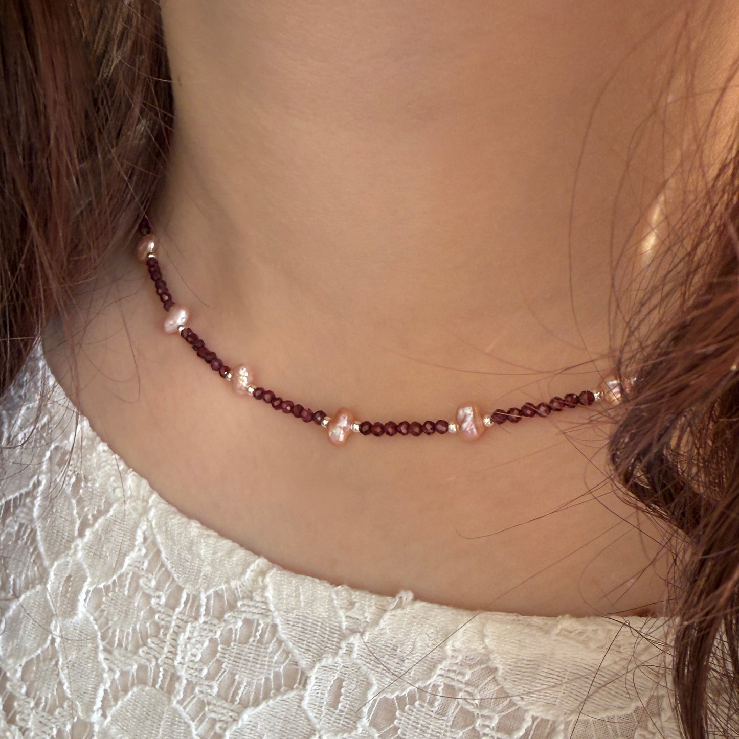 Dainty Garnet Pearl Necklace, Choker, Tiny 2mm Red Beaded Birthstone Necklace with Silver Chain, Anniversary Birthday Christmas Gift for Her, Ultra Jewellery