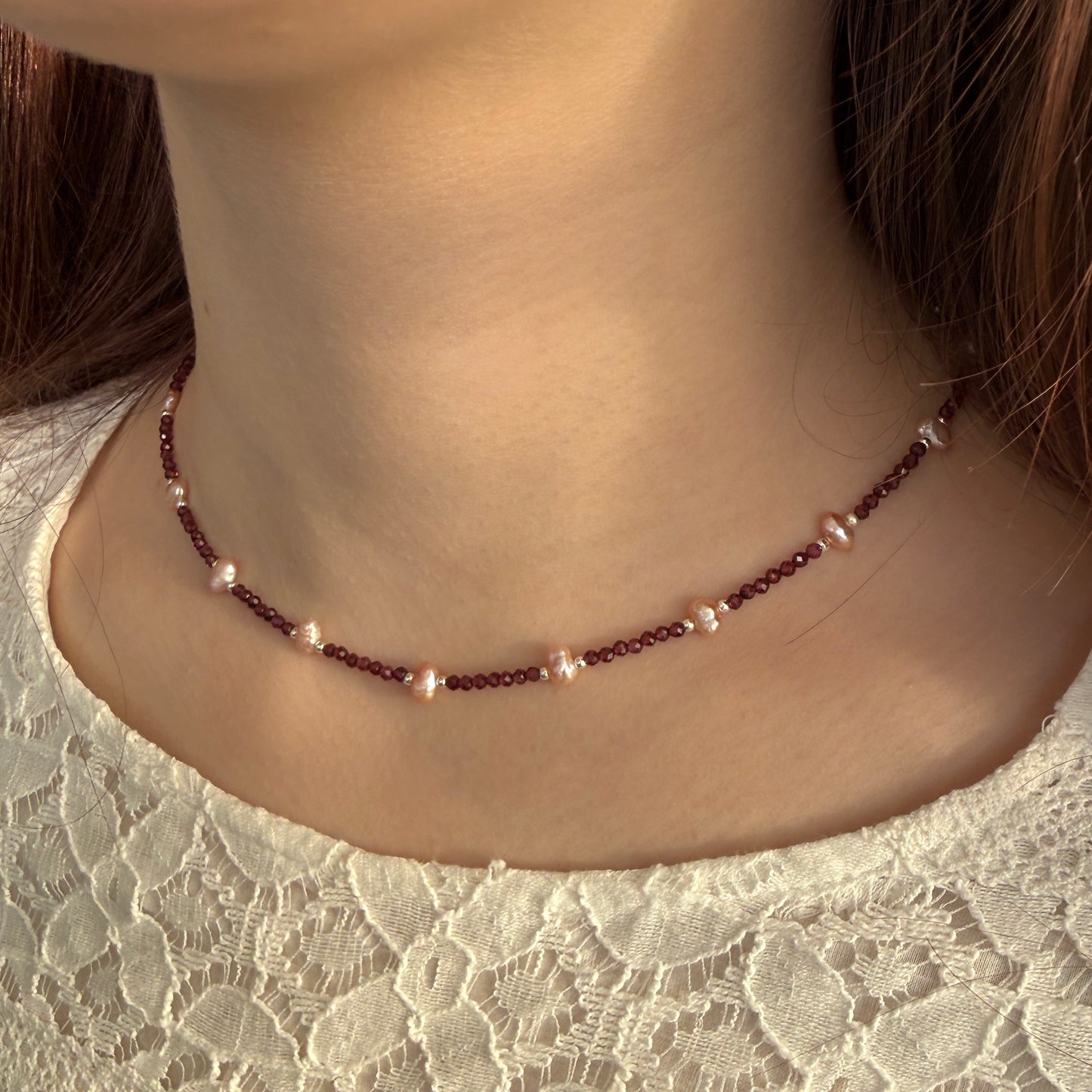 Dainty Garnet Pearl Necklace, Choker, Tiny 2mm Red Beaded Birthstone Necklace with Silver Chain, Anniversary Birthday Christmas Gift for Her, Ultra Jewellery