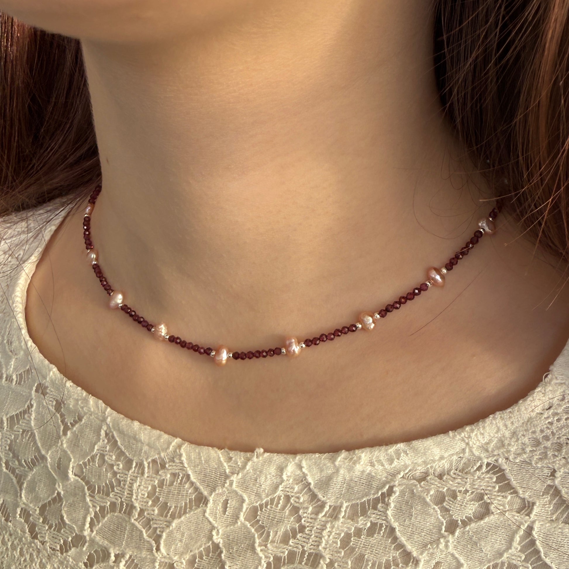 Dainty Garnet Pearl Necklace, Choker, Tiny 2mm Red Beaded Birthstone Necklace with Silver Chain, Anniversary Birthday Christmas Gift for Her, Ultra Jewellery