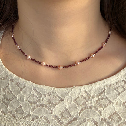 Dainty Garnet Pearl Necklace, Choker, Tiny 2mm Red Beaded Birthstone Necklace with Silver Chain, Anniversary Birthday Christmas Gift for Her, Ultra Jewellery