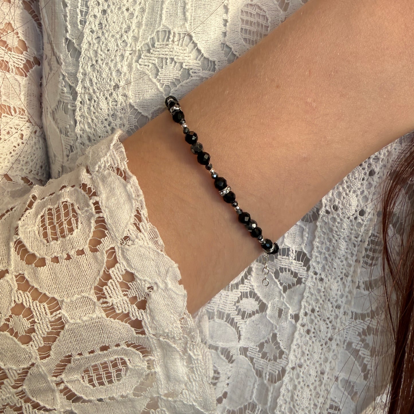 Black Tourmaline Hematite Bracelet, March Birthstone and October Birthstone Silver Bracelet, Anniversary Birthday Christmas Gift For Her, Ultra Jewellery