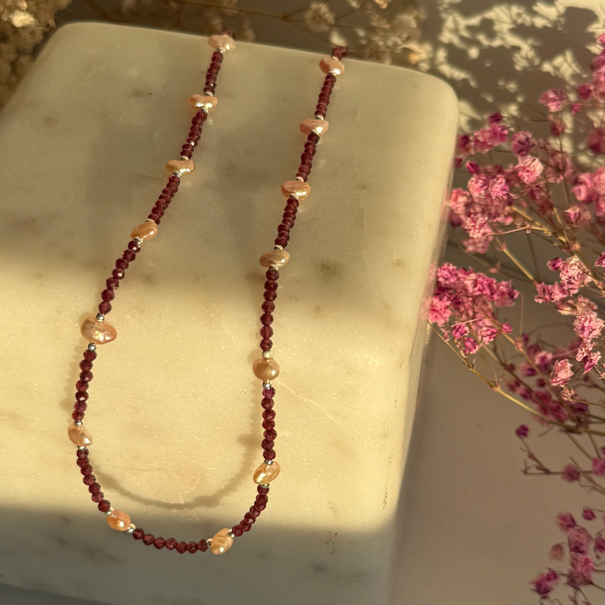 Dainty Garnet Pearl Necklace, Choker, Tiny 2mm Red Beaded Birthstone Necklace with Silver Chain, Anniversary Birthday Christmas Gift for Her, Ultra Jewellery