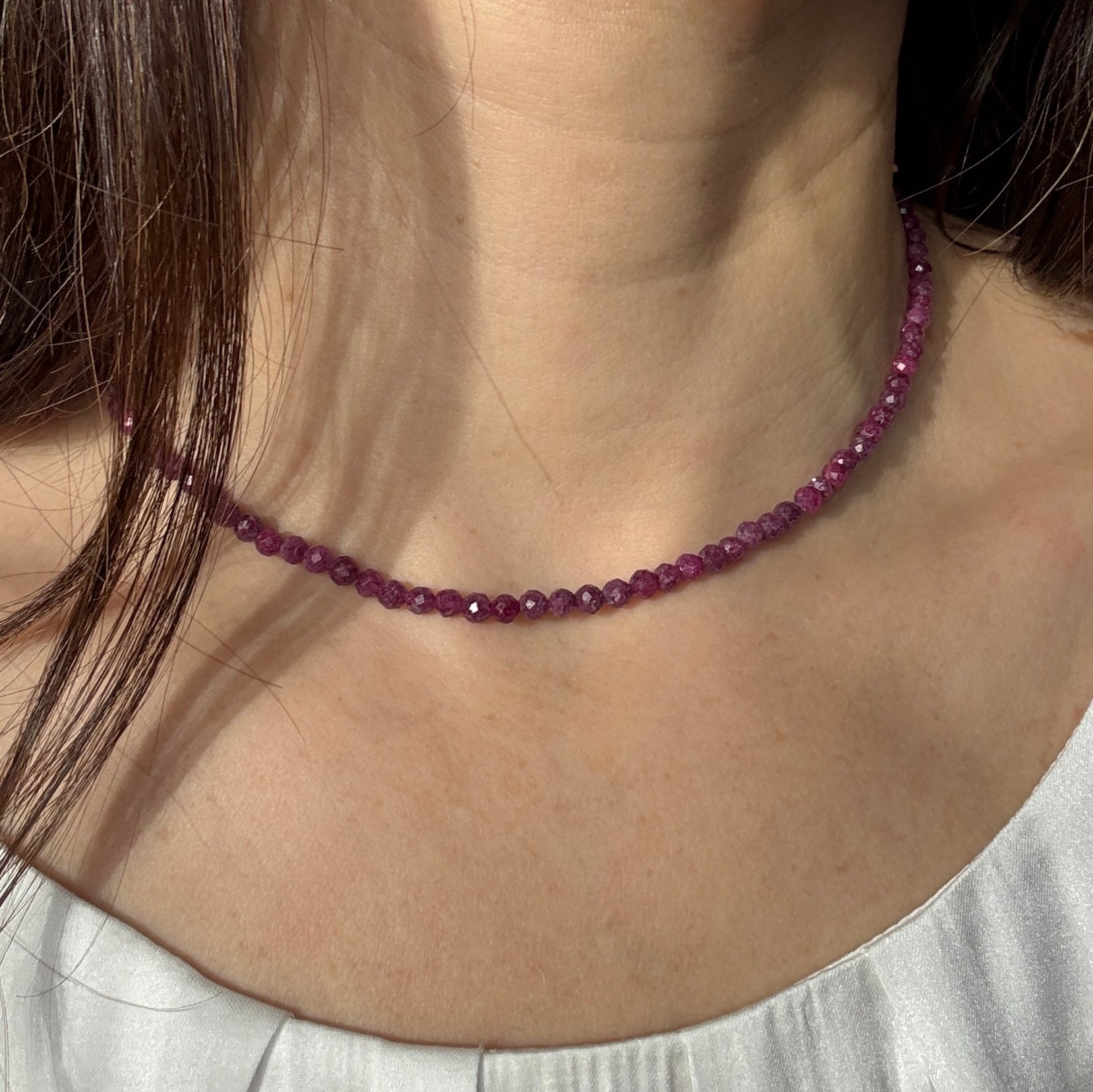 Ruby Necklace, Choker, Tiny 4mm Beaded Silver Necklace, July Birthstone Necklace, Pink, Anniversary Birthday Christmas Gift For Her, Ultra Jewellery