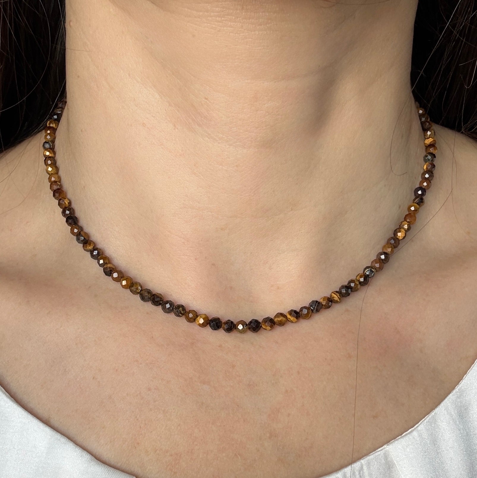 Tigers Eye Necklace, Choker, Tiny 4mm Gemstones, August Birthstone Silver Necklace, Anniversary Birthday Christmas Personalized Gift For Her, Ultra Jewellery
