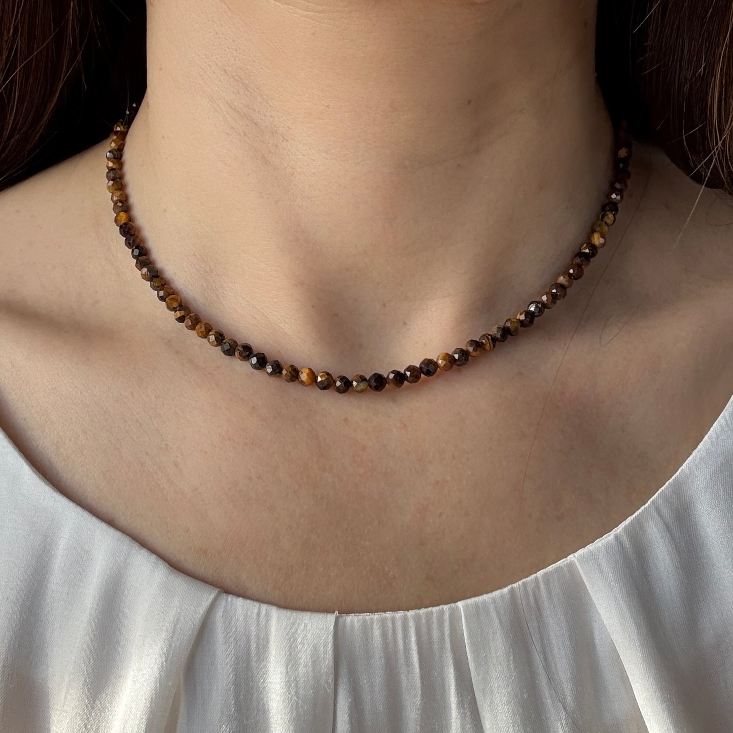 Tigers Eye Necklace, Choker, Tiny 4mm Gemstones, August Birthstone Silver Necklace, Anniversary Birthday Christmas Personalized Gift For Her, Ultra Jewellery