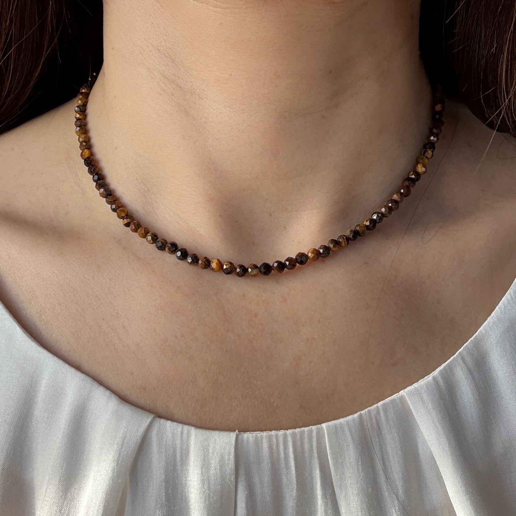 Tigers Eye Necklace, Choker, Tiny 4mm Gemstones, August Birthstone Silver Necklace, Anniversary Birthday Christmas Personalized Gift For Her, Ultra Jewellery