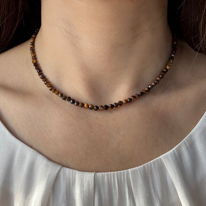 Tigers Eye Necklace, Choker, Tiny 4mm Gemstones, August Birthstone Silver Necklace, Anniversary Birthday Christmas Personalized Gift For Her, Ultra Jewellery
