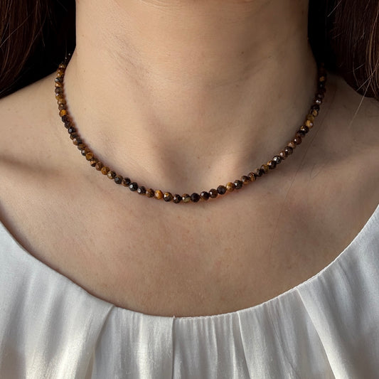 Tigers Eye Necklace, Choker, Tiny 4mm Gemstones, August Birthstone Silver Necklace, Anniversary Birthday Christmas Personalized Gift For Her, Ultra Jewellery