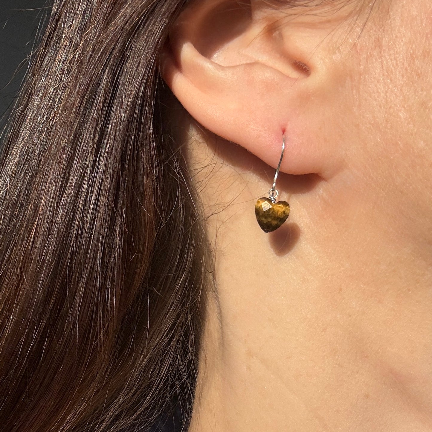 Tigers Eye Earrings, Heart Silver Earrings