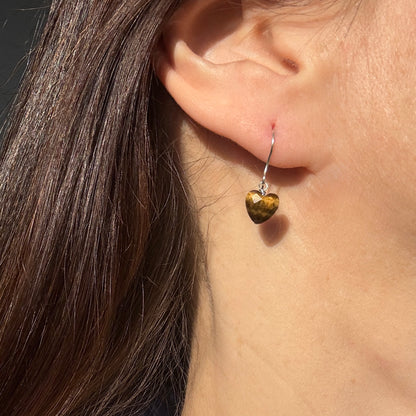 Tigers Eye Earrings, Heart Silver Earrings