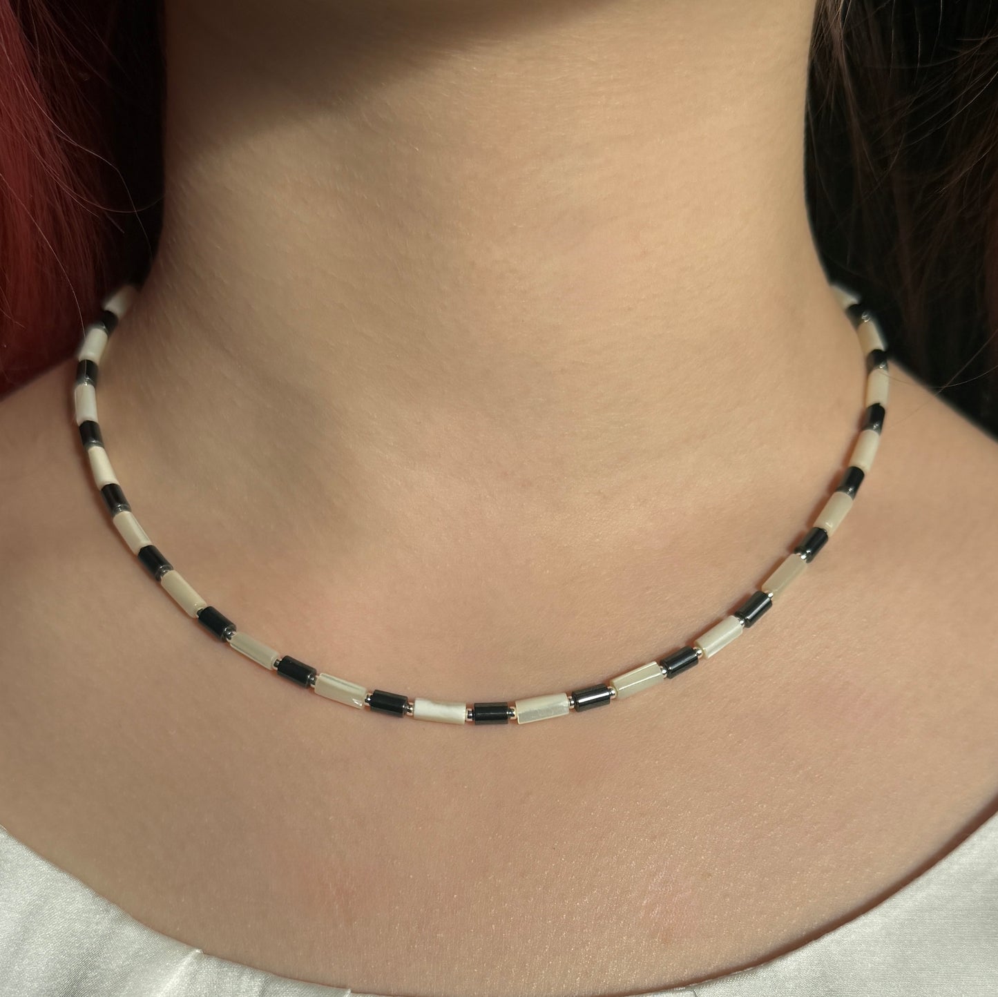 Hematite Mother of Pearl Necklace, Choker, March Birthstone Silver Necklace, Anniversary Birthday Mom Personalized Gift For Her, Ultra Jewellery