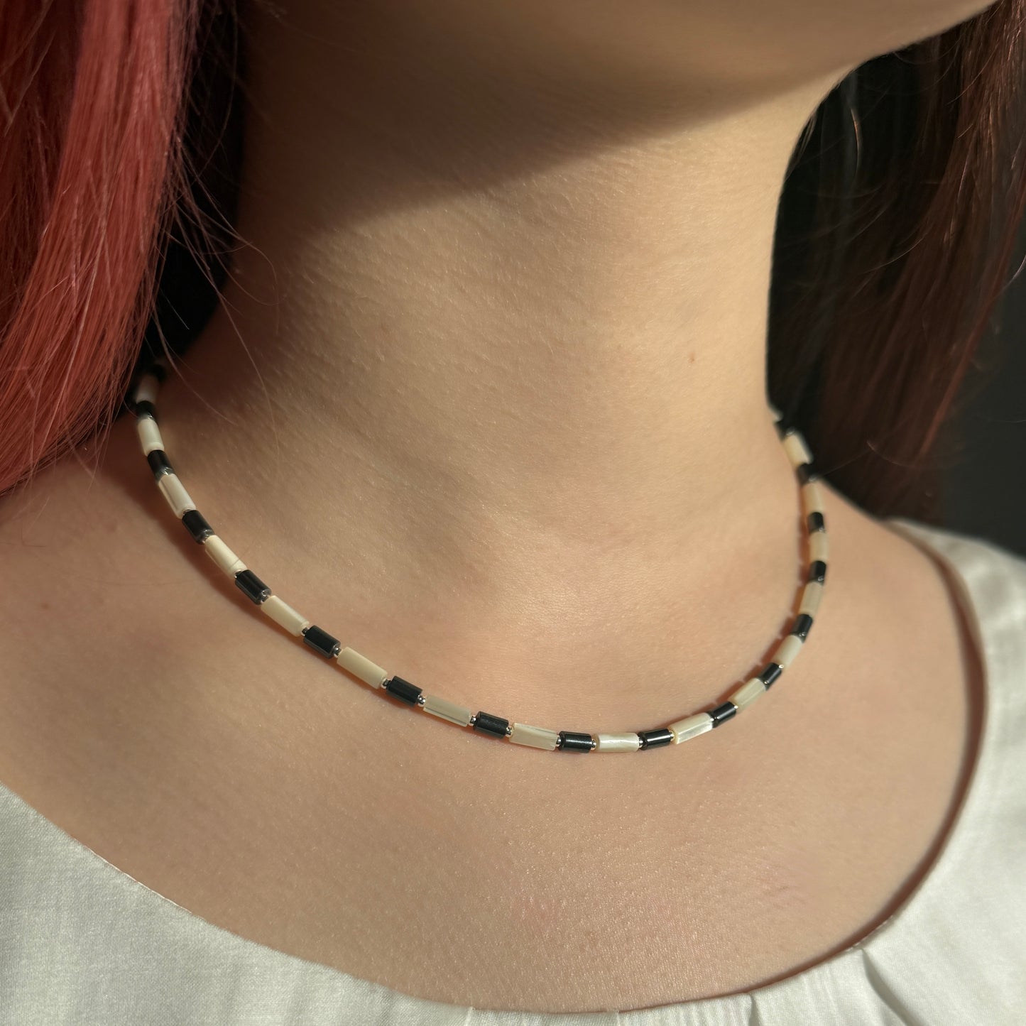 Hematite Mother of Pearl Necklace, Choker, March Birthstone Silver Necklace, Anniversary Birthday Mom Personalized Gift For Her, Ultra Jewellery
