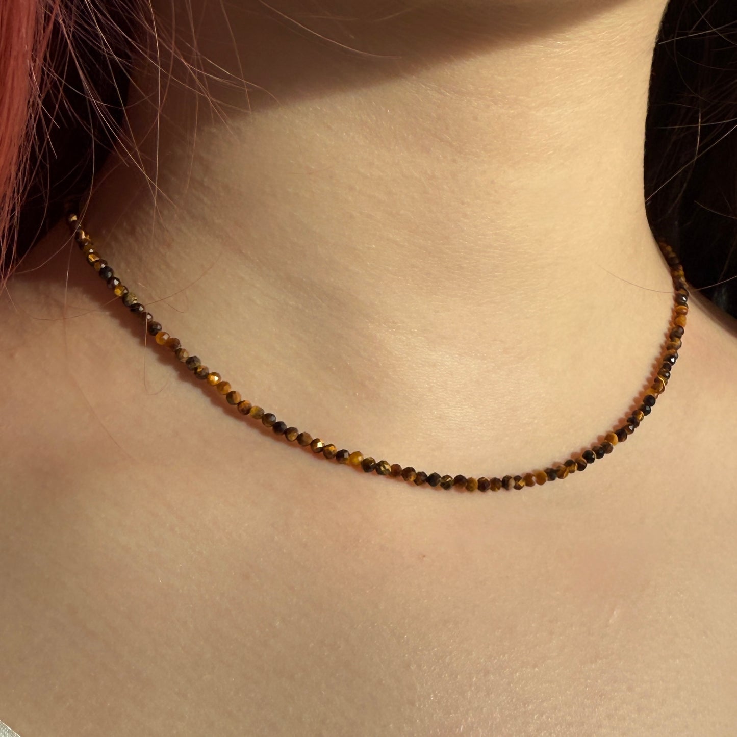 Dainty Tigers Eye Necklace, Choker, Minimalist 2mm Gemstones, August Birthstone Silver Necklace, Anniversary Birthday Christmas Gift For Her