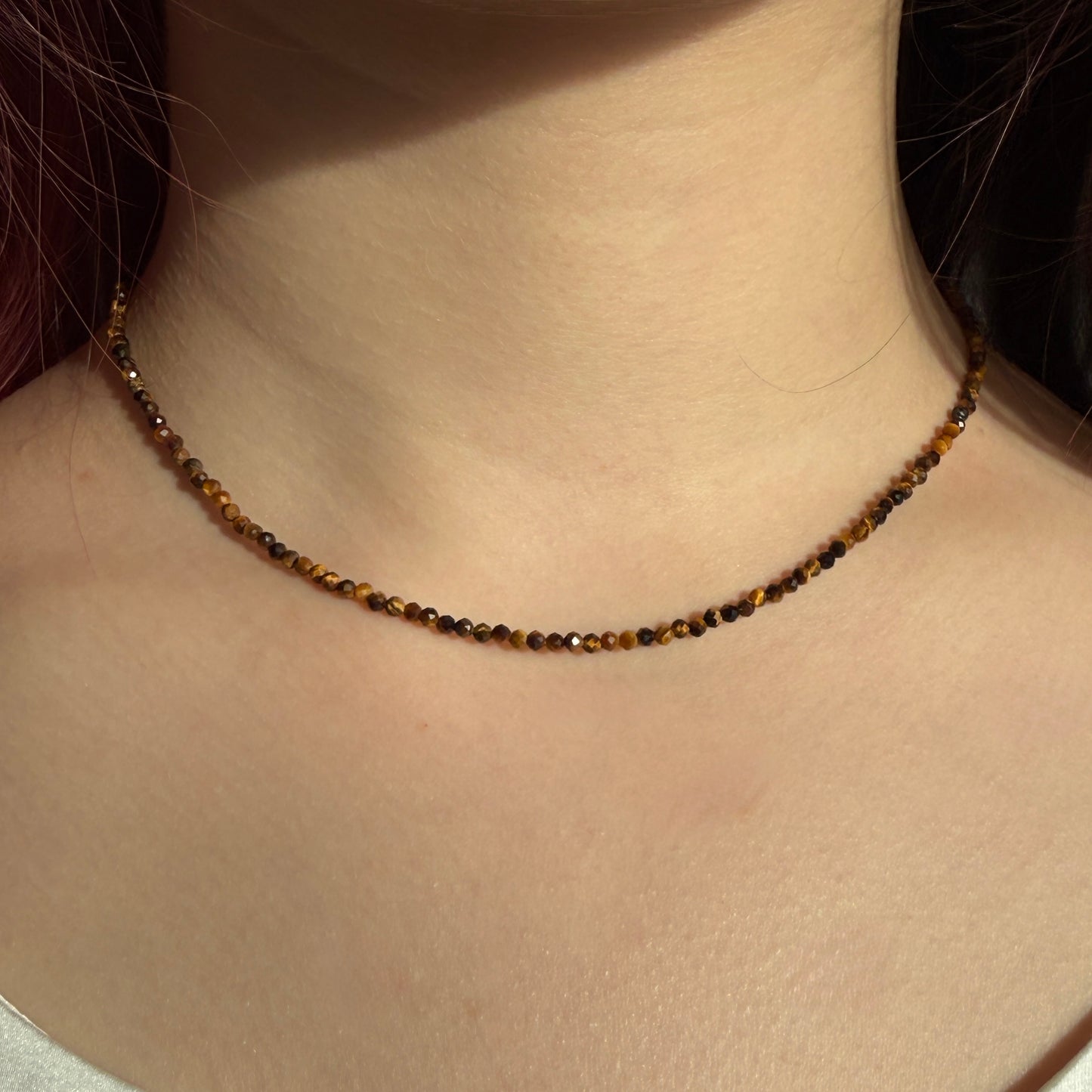 Dainty Tigers Eye Necklace, Choker, Minimalist 2mm Gemstones, August Birthstone Silver Necklace, Anniversary Birthday Christmas Gift For Her