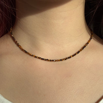Dainty Tigers Eye Necklace, Choker, Minimalist 2mm Gemstones, August Birthstone Silver Necklace, Anniversary Birthday Christmas Gift For Her