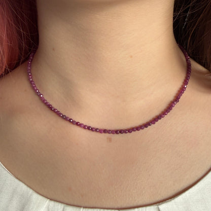 Dainty Ruby Necklace, Choker, Tiny 3mm Beaded Necklace, July Birthstone Necklace, Pink, Anniversary Birthday Christmas Gift For Her, Ultra Jewellery