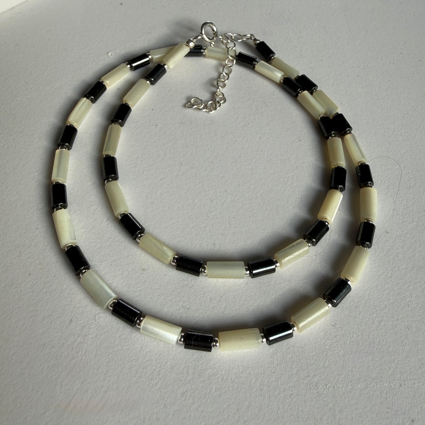 Hematite Mother of Pearl Necklace, Choker, March Birthstone Silver Necklace, Anniversary Birthday Mom Personalized Gift For Her, Ultra Jewellery