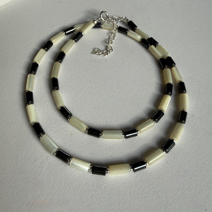 Hematite Mother of Pearl Necklace, Choker, March Birthstone Silver Necklace, Anniversary Birthday Mom Personalized Gift For Her, Ultra Jewellery