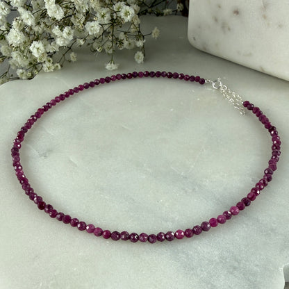 Ruby Necklace, Choker, Tiny 4mm Beaded Silver Necklace, July Birthstone Necklace, Pink, Anniversary Birthday Christmas Gift For Her, Ultra Jewellery