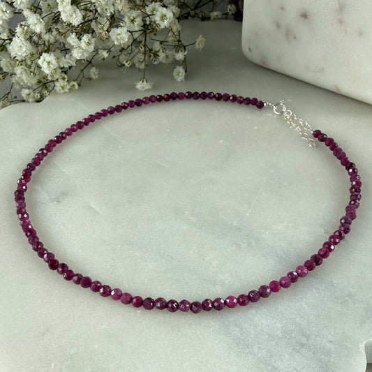 Ruby Necklace, Choker, Tiny 4mm Beaded Silver Necklace, July Birthstone Necklace, Pink, Anniversary Birthday Christmas Gift For Her, Ultra Jewellery