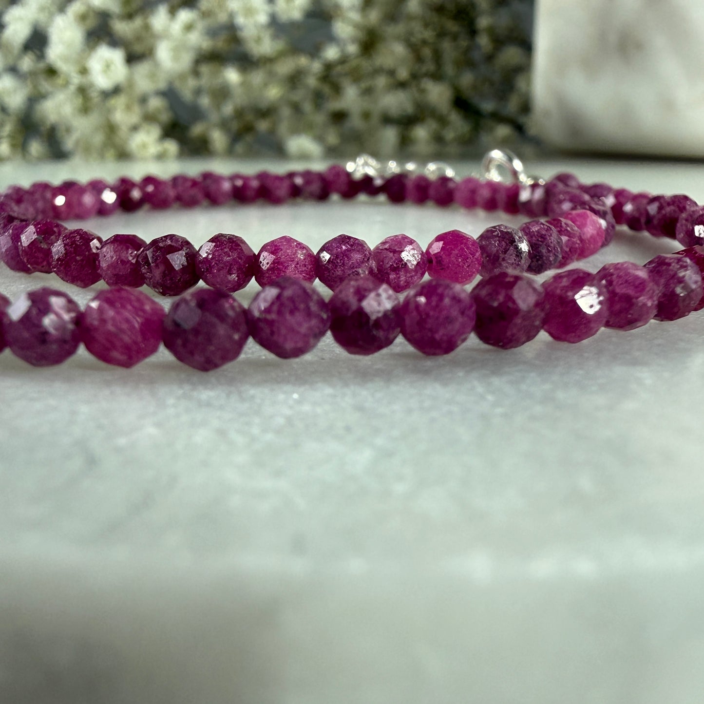 Ruby Necklace, Choker, Tiny 4mm Beaded Silver Necklace, July Birthstone Necklace, Pink, Anniversary Birthday Christmas Gift For Her, Ultra Jewellery