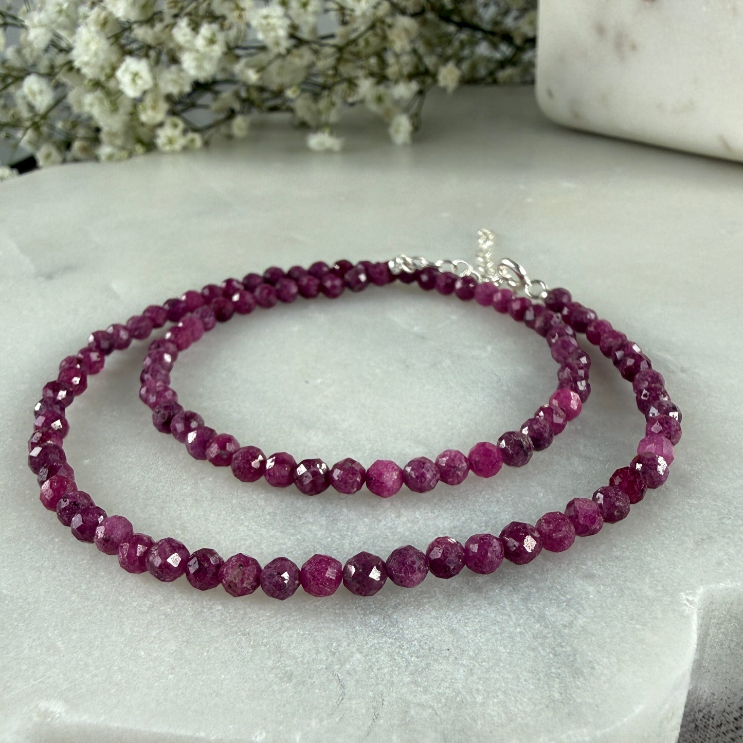 Ruby Necklace, Choker, Tiny 4mm Beaded Silver Necklace, July Birthstone Necklace, Pink, Anniversary Birthday Christmas Gift For Her, Ultra Jewellery