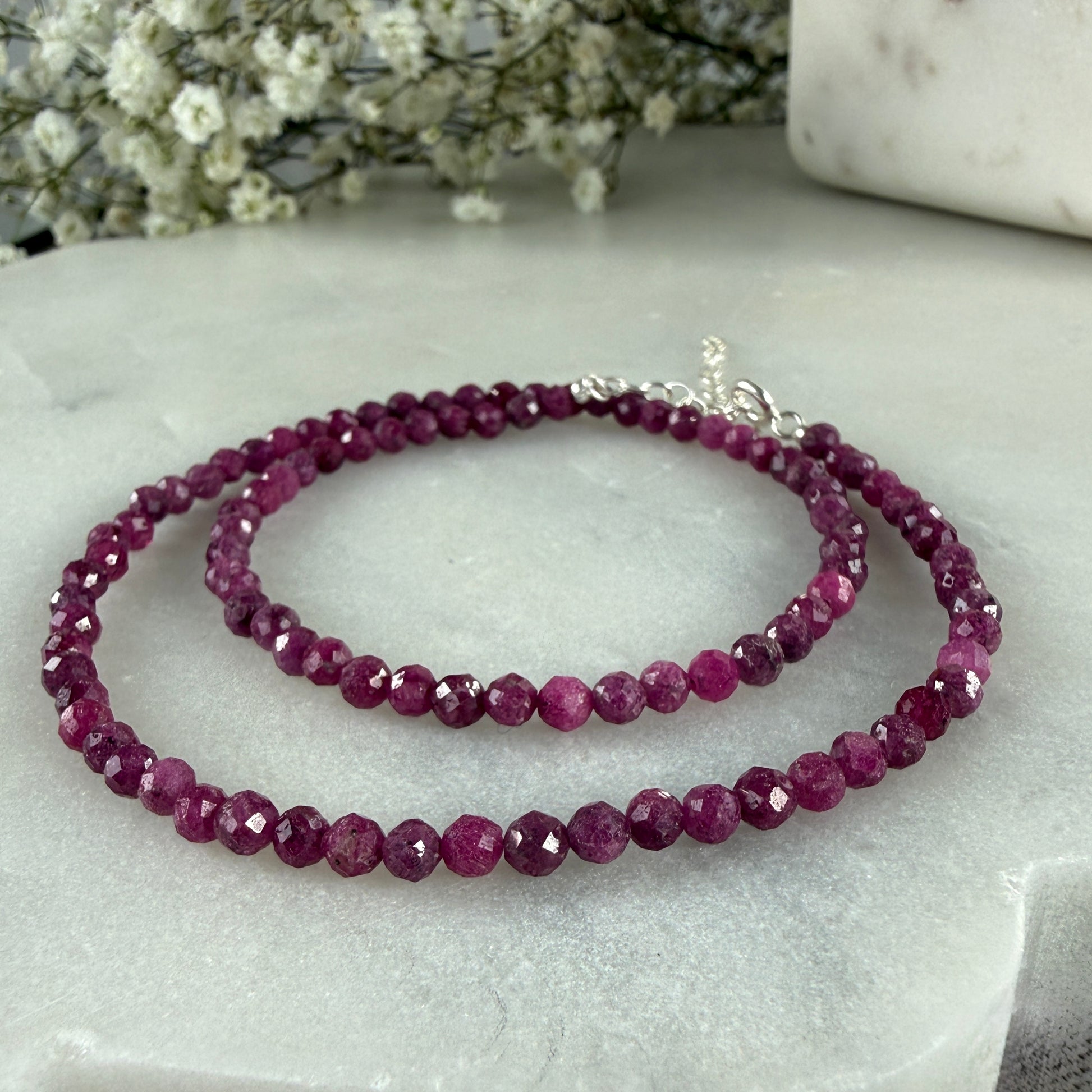 Ruby Necklace, Choker, Tiny 4mm Beaded Silver Necklace, July Birthstone Necklace, Pink, Anniversary Birthday Christmas Gift For Her, Ultra Jewellery