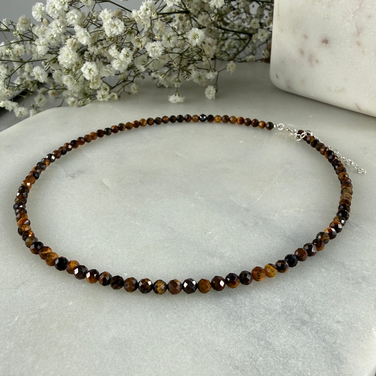 Tigers Eye Necklace, Choker, Tiny 4mm Gemstones, August Birthstone Silver Necklace, Anniversary Birthday Christmas Personalized Gift For Her, Ultra Jewellery