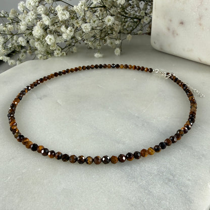 Tigers Eye Necklace, Choker, Tiny 4mm Gemstones, August Birthstone Silver Necklace, Anniversary Birthday Christmas Personalized Gift For Her, Ultra Jewellery